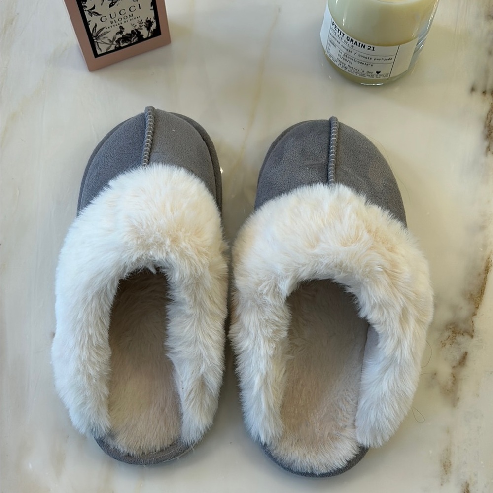 Plush Gray and Cream Slippers